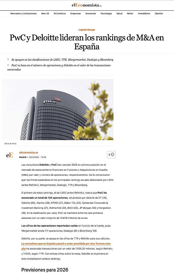 PwC y Deloitte lideran los rankings de M&A en Espa�a